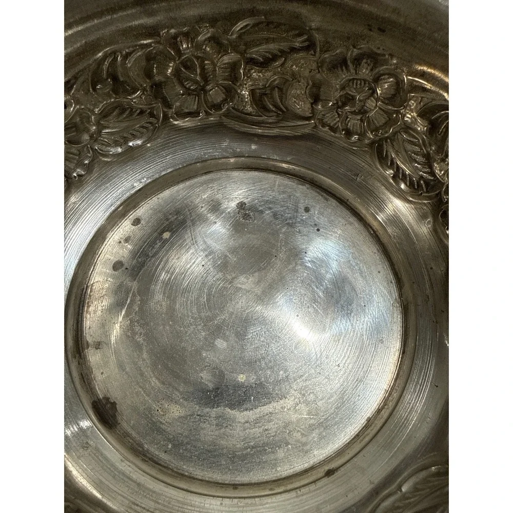 Vintage Silver Tone Embossed Floral Metal Bowl Made in India Decorative 6 Inch